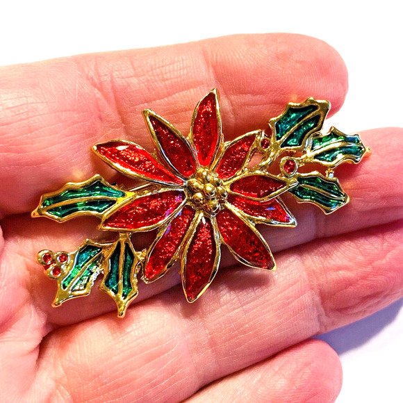 Vintage Christmas Brooch Festive Holiday Pin Red Poinsettia & Greenery Enamel - Picture 5 of 5
